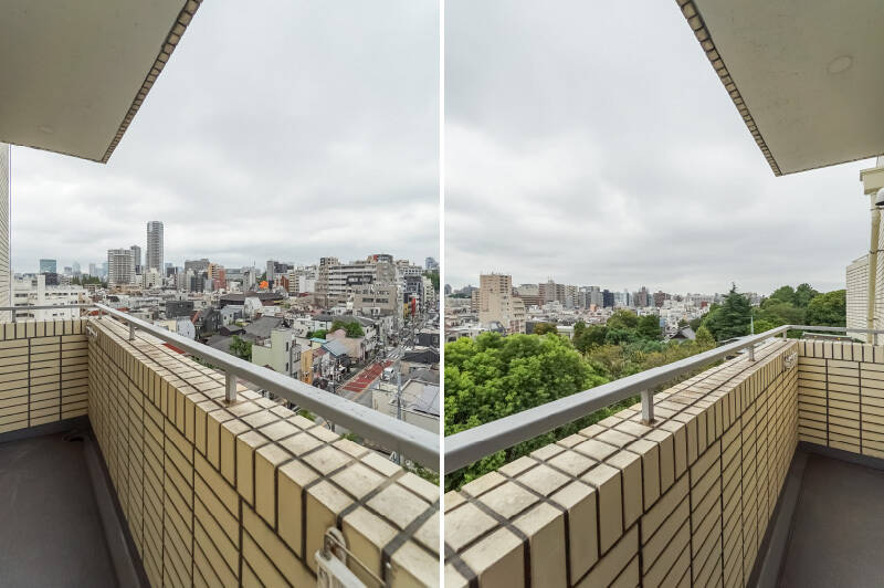 隣接する住戸がなく、完全に独立したバルコニーなのでプライベート感高めです。ただし右下を覗き込むようにすると、お寺の墓地が見えますので、苦手な方はご注意ください。