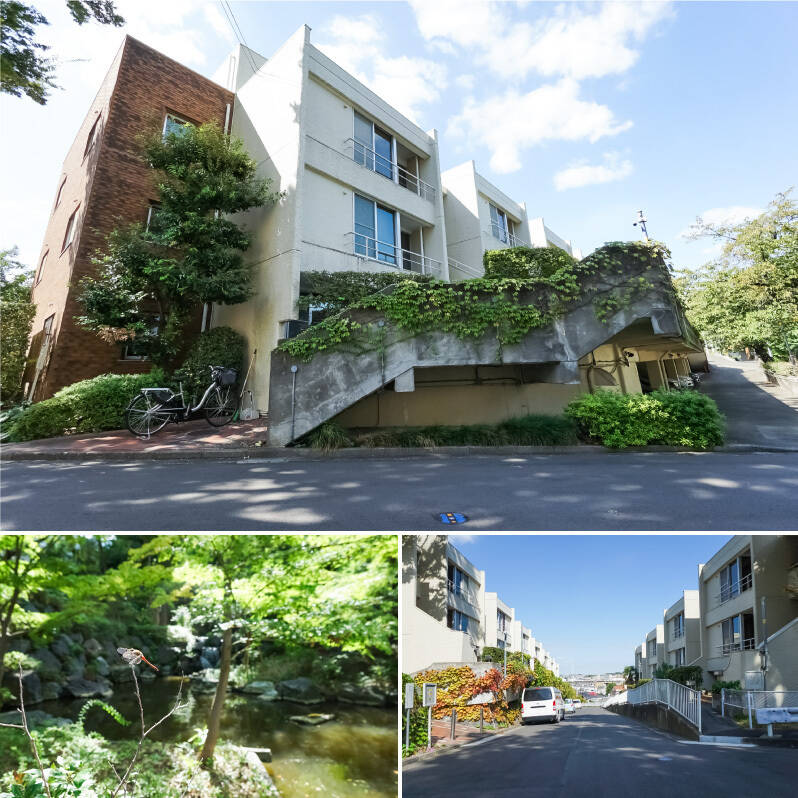 <b>左・</b>今回ご紹介する住戸は、駅から1番近い1号棟に。/<b>左下・</b>敷地内には、小川や池があり自然に癒されます。/<b>右下・</b>敷地の起伏を活かした建物配置。青空が気持ちいい!