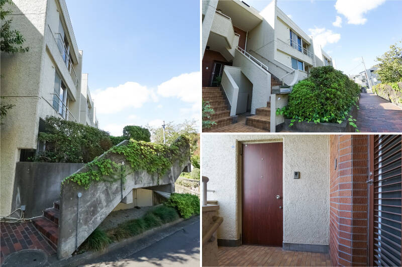 <b>左・</b>緑に覆われた階段を上がり…。/<b>右上・</b>住戸にアクセスする専用の階段を上がると…。/<b>右下・</b>玄関扉があります。右側の扉の奥は、洗面室へとつながっていますよ。