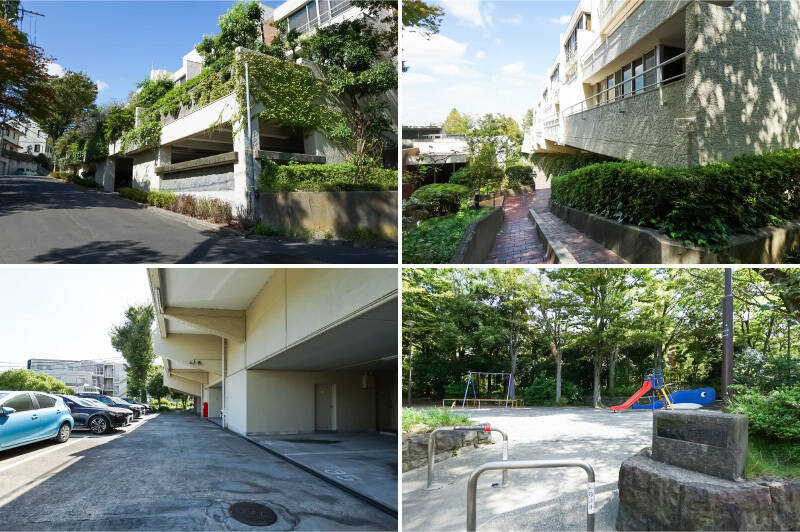 <b>上・</b>敷地内はグリーンに溢れ、棟ごとに絶妙に表情が違うのが面白い。/<b>左下・</b>野外の平置きの駐車場が空きがあります。(月額17,000円、2025年10月現在)/<b>右下・</b>敷地に隣接する、青のくじらが目印の「大曽根南公園」。「市ノ坪第二公園」もマンションの敷地に隣接しており、お子さまやわんちゃんにとってうれしい環境です。