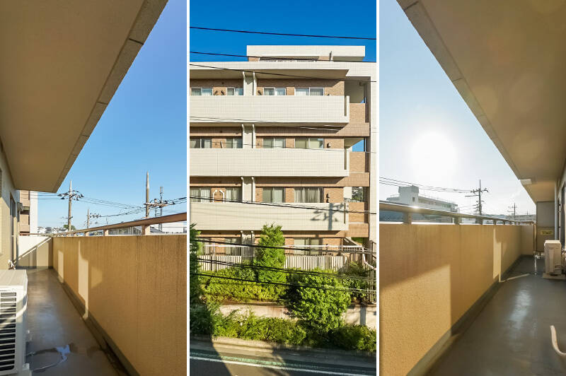 洋室B・洋室Cから出入りできる、南東向きのバルコニー。正面には別の建物が見えますが、距離が取れており視線は気になりづらそうな印象です。