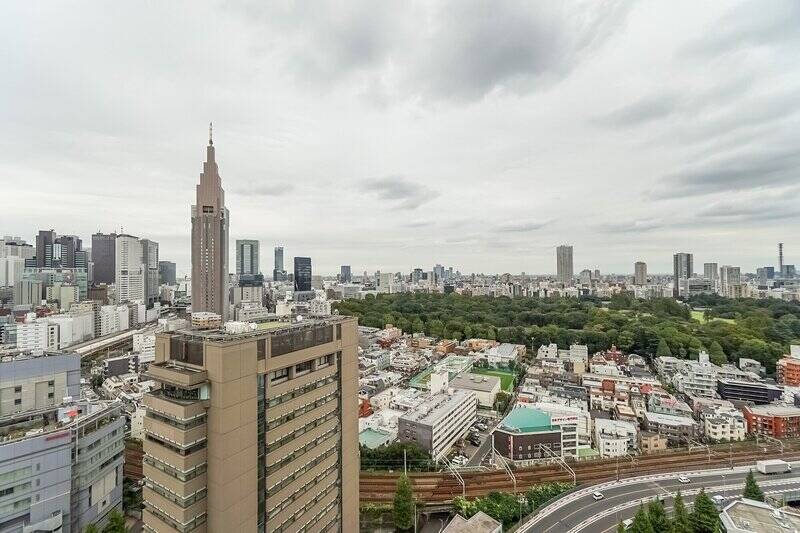 空を飛ぶ鳥よりも高い視点で見渡す、東京の空にうっとりです。眼下にはJR中央線、右手に<b>新宿御苑</b>、左手にNTTのドコモタワーを望みます。