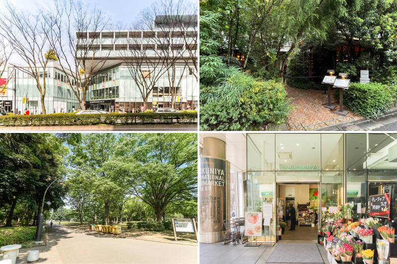 <p><b>左上・</b>すっかり街のランドマークとなった「表参道ヒルズ」。(徒歩10分)/<b>右上・</b>アパレルショップだけでなく、美食の名店もひしめいています。「GENTLE Dining」は国連大学の裏手にひっそりと佇む隠れ家レストラン。(徒歩5分)/<b>左下・</b>マイナスイオンを感じたくなったら「代々木公園」へ。広い園内にはドッグランもありますよ。(徒歩13分)/<b>右下・</b>青山通り沿いの「紀ノ国屋インターナショナル」は食材の取り扱いが豊富です。(徒歩10分)</p>