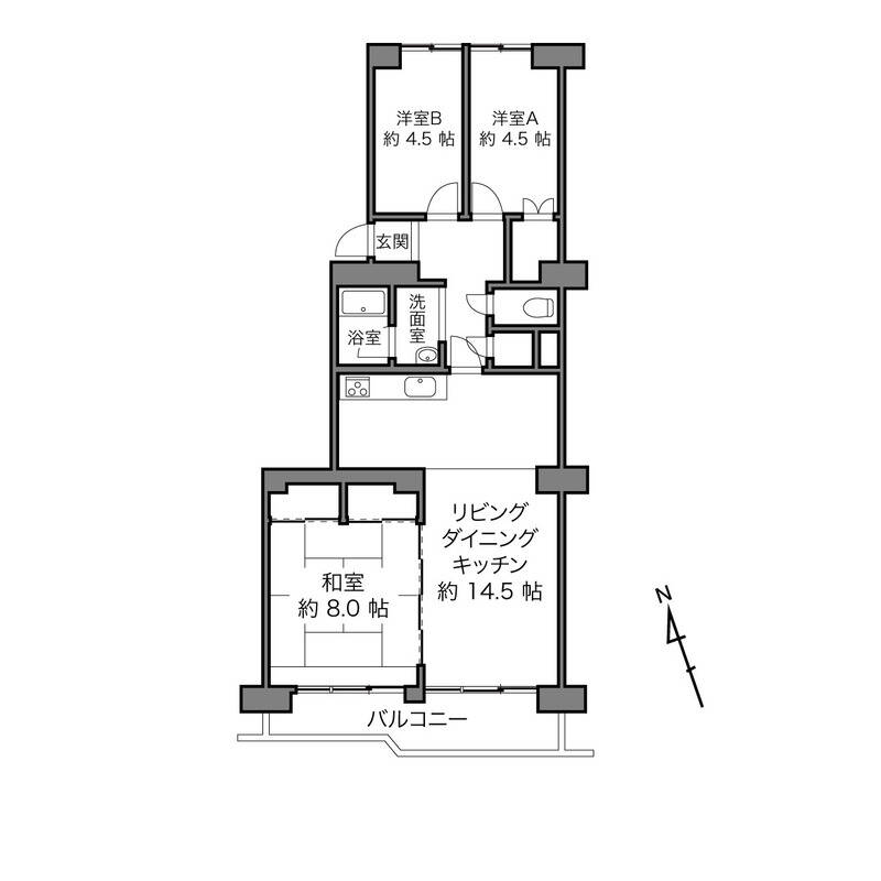 南側のLDKに和室が隣接しており、北側に洋室がふたつ。玄関の位置は動かせないので、パブリックとプライベートを分離した現況の間取りを継承するのがベターかも。