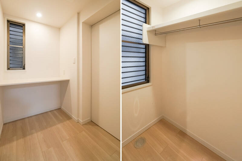 <b>左・</b>間取りの上ではクローゼットとなっていますが、造り付けのカウンターのあるこの空間、ちょっとしたワークスペースにするのもアリかも。そしてこの左右に……/<b>右・</b>こんな感じのクローゼットがふたつ、備わっています。おふたりで使い分けられそうでいいですね。