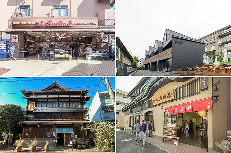 <b>左上・</b>「西馬込」駅前にあるスーパー「文化堂」。取材時は改装中でしたが、今後の活躍に期待大です。(徒歩7分)/<b>右上・</b>カフェレストラン「Cheval Café(シュヴァル カフェ)」。テラス席はペットの同伴OKなので、お散歩途中に立ち寄っても◎(徒歩9分)/<b>左下・</b>古民家をリノベーションした「古民家カフェ 蓮月(れんげつ)」。お庭席ならワンちゃんと一緒にお茶を楽しめます。(徒歩11分)/<b>右下・</b>池上の商店街には、門前町の風情を残す昔ながらのお店も。たとえば「池上 池田屋」のような、くず餅専門店が数多くあるんですよ。(徒歩13分)