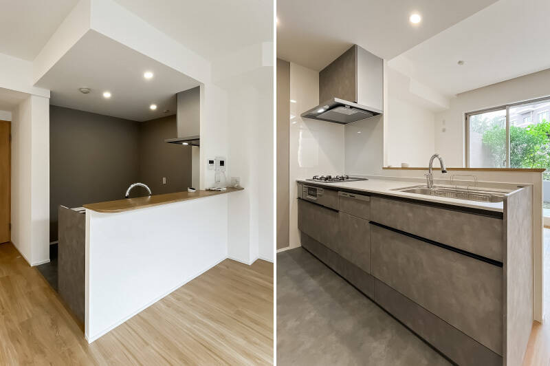 ダイニング側にせり出したカウンター付きの対面キッチン。スツールをおけば、ちょっとしたバー気分を味わえそう。3口コンロ、食洗機付きです。