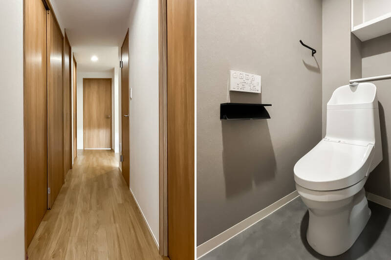 <b>左・</b>収納スペースが2箇所用意された廊下。突き当たりの正面と左手に洋室がふたつ、右手のふたつの扉の先にトイレと洗面室があります。/<b>右・</b>トイレはグレーのクロスで、落ち着いた雰囲気。