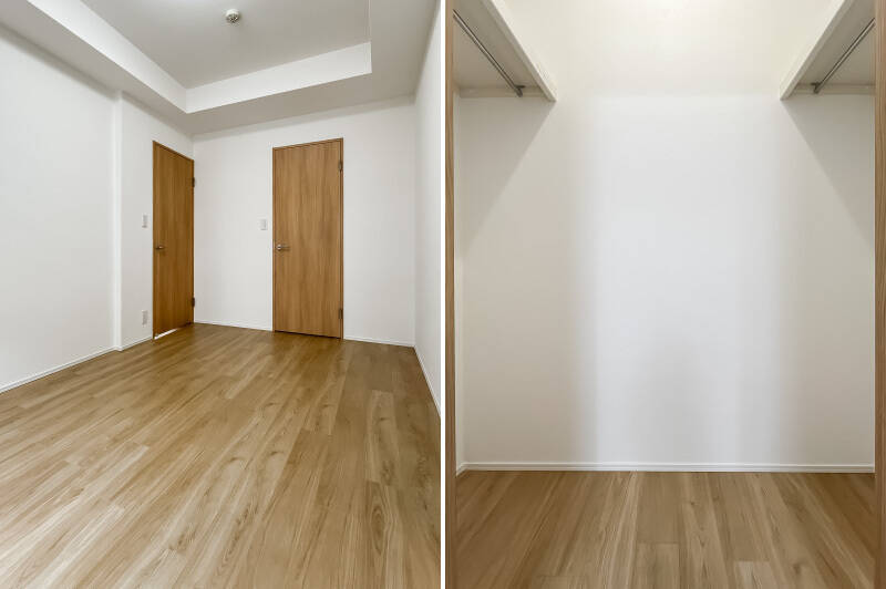 こちらの居室は、ウォークインクローゼット(WIC)付き。枕棚とハンガーパイプがふたつずつ用意された、心強い収納力です。