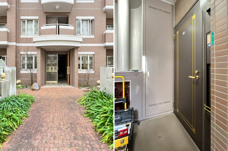 <b>左・</b>エントランスはオートロック付き。/<b>右・</b>住戸は1階所在です。