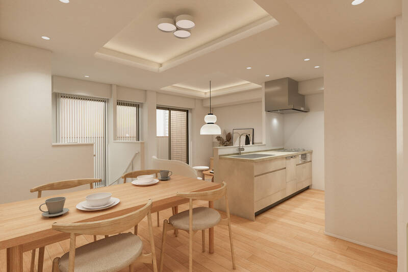 まずは上階に位置するLDKから。広さは約13.8帖で、南西向きのバルコニーに面しています。