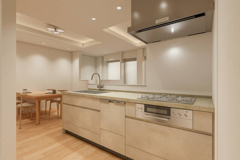 キッチンはカウカモオリジナル。3口コンロタイプで食洗機付きです。上品なカラーリングで、凹凸のないシンプルなデザインです。