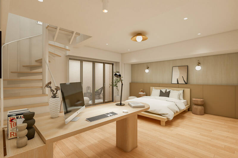 下階にある洋室は、まるでもうひとつのリビングスペースのよう。ホテルのようなブラケットライトとヘッドボードをあしらい、ラグジュアリーな印象に仕上げます。CGイメージではクイーンサイズのベッドを配置。セミダブルベッド2台もゆとりをもって置けますよ。