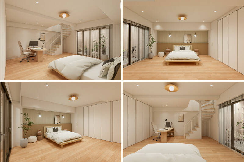 あらためて洋室全景。窓の外には約7㎡のテラスがあります。残念ながら眺望はありませんが、アウトドア用の椅子などを置いて、外の空気にあたりながらクールダウンする空間にしてみてくださいね。