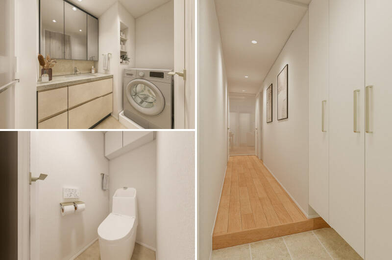 <b>左上・</b>石調の天板が素敵なカウカモオリジナルの洗面台。横にはニッチ収納を設けた洗濯機置き場があります。/<b>左下・</b>トイレには廊下からアクセスする間取り。吊り戸棚と2連のペーパーホルダーが設置されています。/<b>右・</b>玄関扉を背にして廊下を見たカット。シューズボックスはトールサイズです。