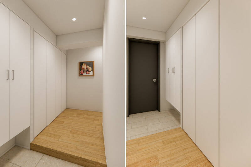 ここからは、CGイメージでご紹介します。玄関まわりにはトールタイプのシューズボックスがあるほか、棚付きのクローゼットを設置。