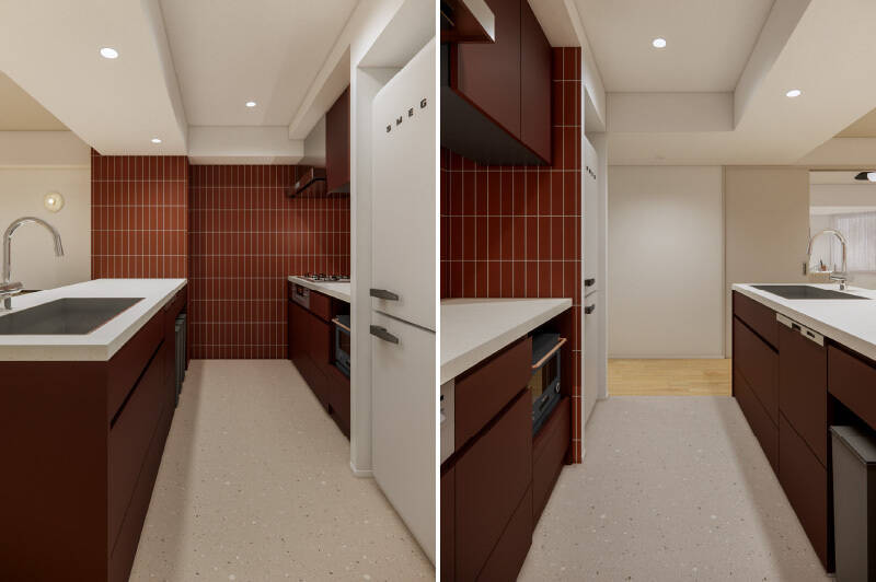 LD側にシンクと食洗機を、壁側に3口コンロを配置した、調理中の動線がスムーズなⅡ型タイプ。ゴミ箱や調理家電のためのスペースを確保しており、気の利いた造りになっています。