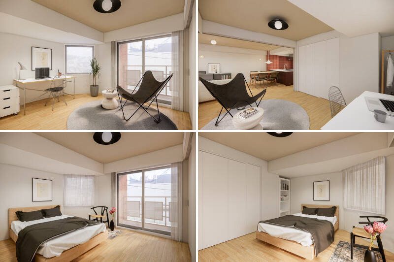 デスクを置いてワークスペースのように使うパターン(上)と、個室として使うパターン(下)。クローゼットの横には凹みがあり、CGイメージのようにハンガーラックや本棚がフィットしそう。