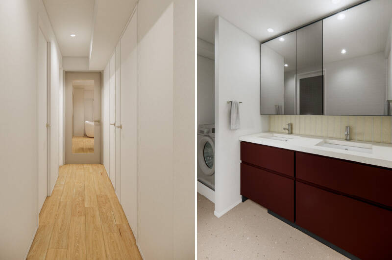 <b>左・</b>廊下には、洋室B・洋室Cと水まわりの建具が並びます。/<b>右・</b>洗面台は、忙しい時間帯も並んで身支度できる大きな鏡面&ツーボウル仕様。キッチンとお揃いのテラコッタカラーとテラゾー調タイルが可愛い!