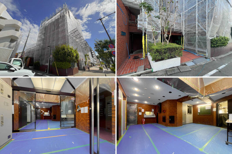 <p><b>左上・</b>大規模修繕工事実施中の外観(2024年撮影)。2025年10月現在は足場が取れています。/<b>右上・</b>建物は山手通りに面していますが、エントランスは通りから奥に入った静かな小道に面しています。/<b>左下・</b>共用ロビーまわりもレンガ調タイル貼り。/<b>右下・</b>共用ロビーには管理人室がありますよ。</p>