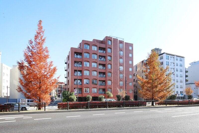 山手通りの並木道沿いでひと際目を惹く、重厚感ある赤レンガ調のマンション。アーチを描く窓がクラシカルな印象です。(2018年撮影)