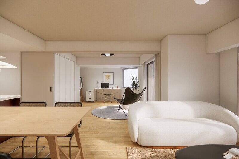 引き戸を開けると、さらに広く明るい印象に。洋室Aの広さは約7.1帖で、LDKとひとつなぎにした場合は約22.6帖もの広さになります。