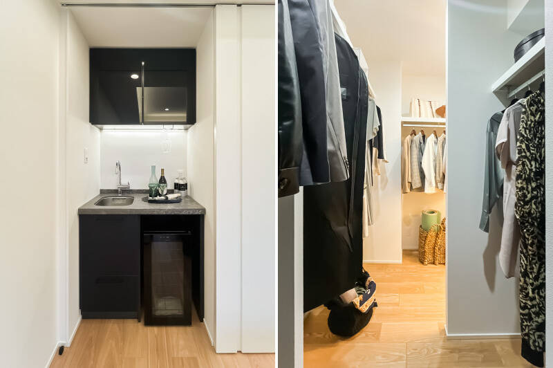 <b>左・</b>一角にはウェットバー(お酒や飲み物を作るためのバー設備)が。/<b>右・</b>たっぷり衣類をしまえそうなウォークインクローゼット(WIC)。