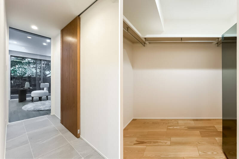 廊下沿いに大きなWICがあり、季節家電やスーツケースなど、かさばるものをまとめて置いておけます。