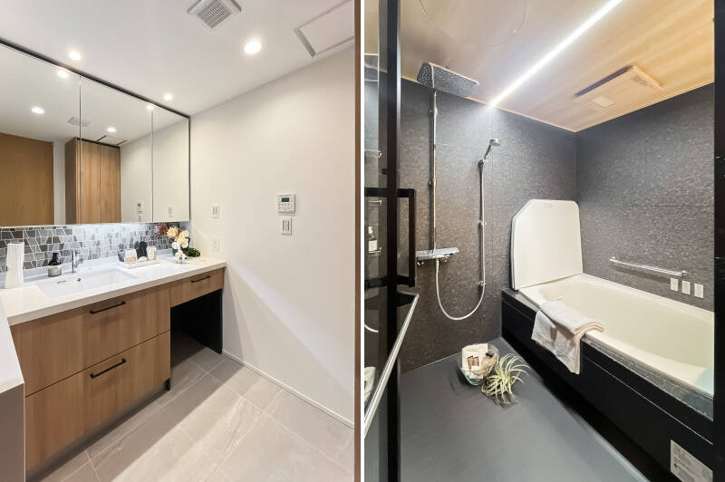 <b>左・</b>洗濯機置き場が別室に分かれているぶん、洗面脱衣室はスッキリとしています。これならお客さまをお通ししても安心。/<b>右・</b>オーバーヘッドシャワーが付いたバスルーム。