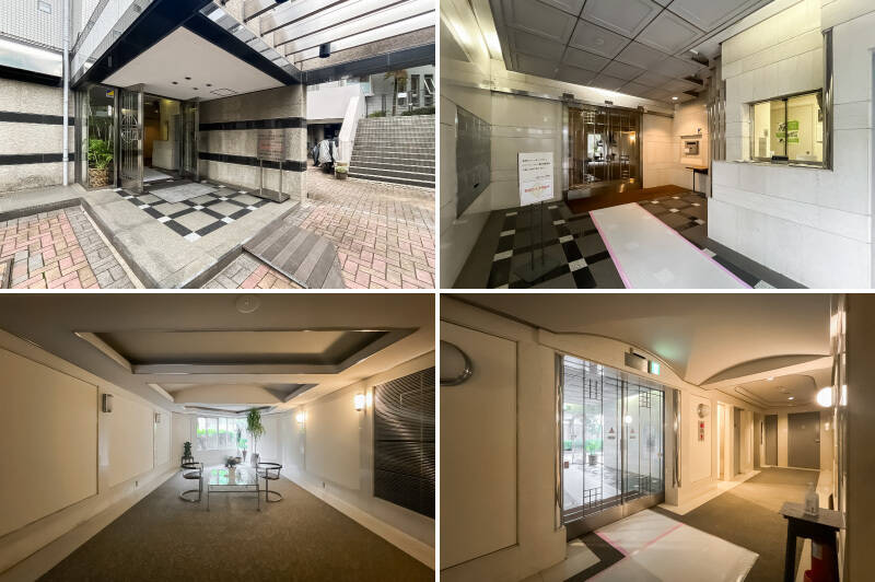 <b>左上・</b>道路から奥まった場所にあるエントランス。/<b>右上・</b>管理人さんは週6日間勤務されています。/<b>左下・</b>オートロックを抜けると広い応接スペースが。/<b>右下・</b>エレベーターホールはホテルのような雰囲気です。