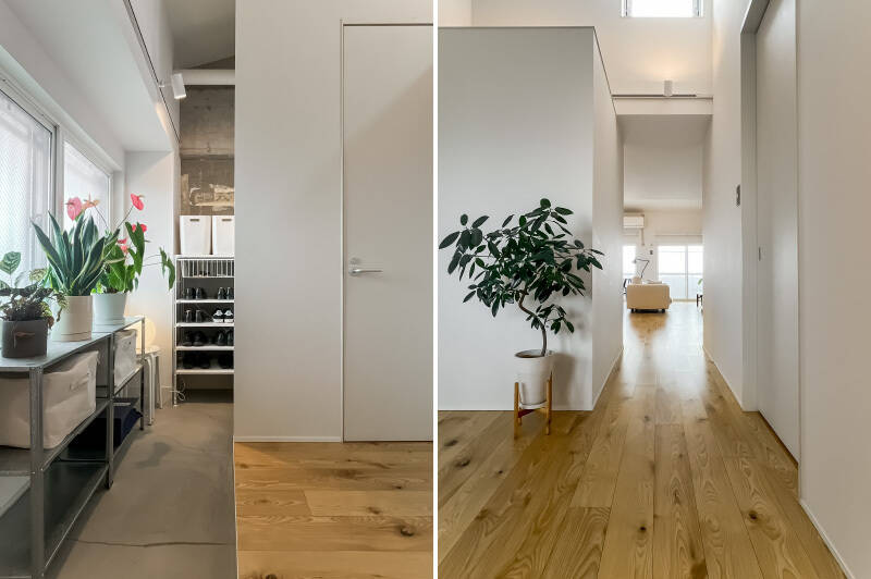 玄関からもう素敵…! ワイドな土間スペース。北西側の窓と廊下上部の天窓(トップライト)があるので明るい空間です。リビングまでスッと視線が伸びて広く感じます!