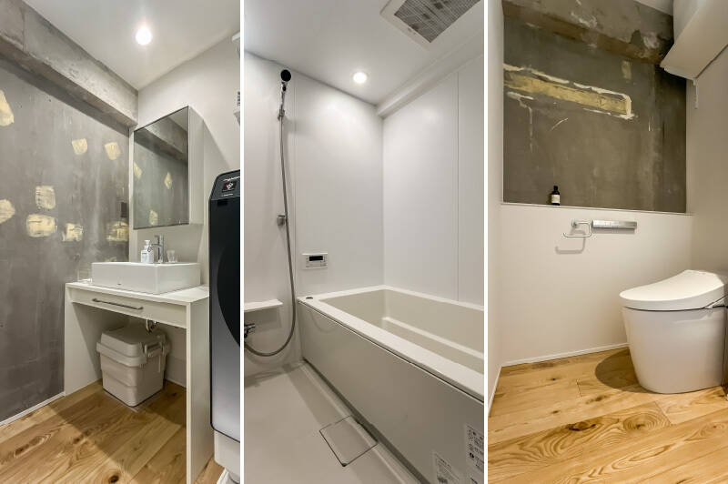 <b>左・</b>こちらもホワイトで統一された造作の洗面台。鏡の中は収納になっています。/<b>中央・</b>シンプルなユニットバス。/<b>右・</b>タンクレストイレ。腰壁部分にインテリアなど飾ることが可能◎