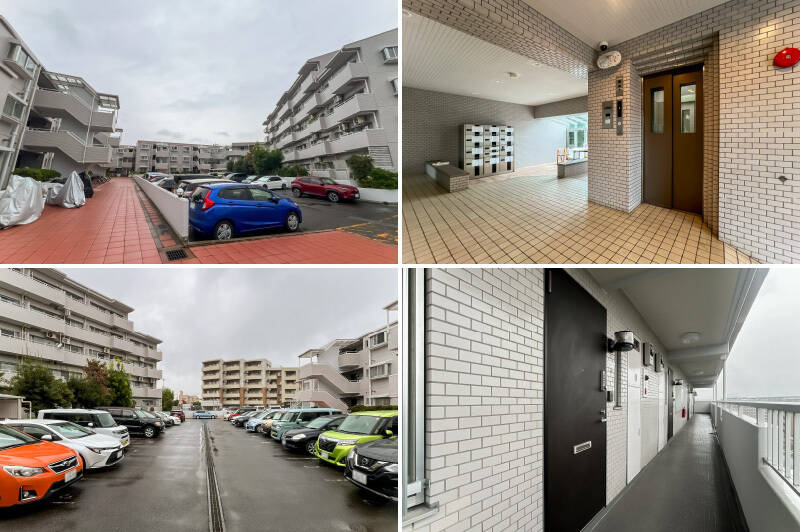<b>左上・</b>1985年築、総戸数88戸の大きめなマンション。修繕積立金と管理費のバランスがGOOD。/<b>右上・</b>エントランスはゆとりがある空間で、宅配ボックスが備わっています。/<b>左下・</b>駐車場は平置きタイプ。月額13,000円で利用できます。(2025年9月時点)/<b>右下・</b>2024年12月に大規模修繕工事が終わったばかりで共用廊下も清潔な印象です。
