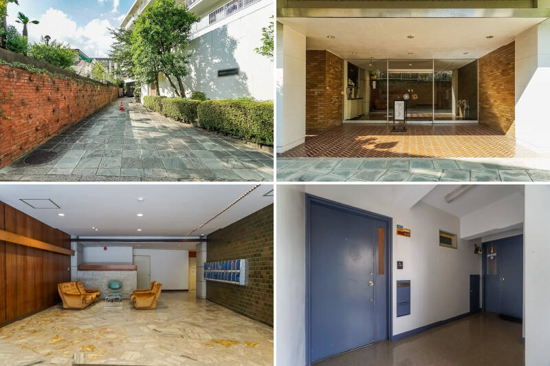 <b>左上・</b>目黒通りから建物入口までは長い石畳のアプローチが。／<b>右上・</b>エントランスではヘリンボーン状に敷かれたタイルがお出迎え。レトロなムードにグッときます◎／<b>左下・</b>共用ロビーには管理人事務室と応接スペースがあります。ゆとりのある広さや装飾から、分譲当時の高級感がひしひしと伝わってきますね。／<b>右下・</b>ご紹介する住戸は3階に所在しています。扉横にある郵便受けもレトロ可愛いので、ご内見時にはぜひご注目ください。