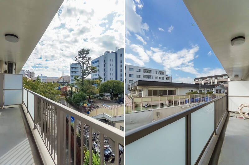 バルコニーは南西向きなので、晴れた日にはたっぷり日光浴できそう。そこそこ築年数を経た建物ですが、庇の裏までキレイにお手入れされているのはGOODですね〜。