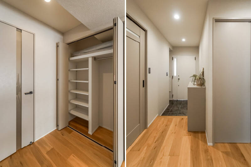 <b>左・</b>LDKの出入り口付近には、頼もしいサイズの収納が備わっています（写真は折れ戸を開けた状態）。ファミリークローゼットとして活躍してくれそうです。／<b>右・</b>LDKを背にして玄関を見たカット。左手に水まわり、右手に洋室Bがあります。