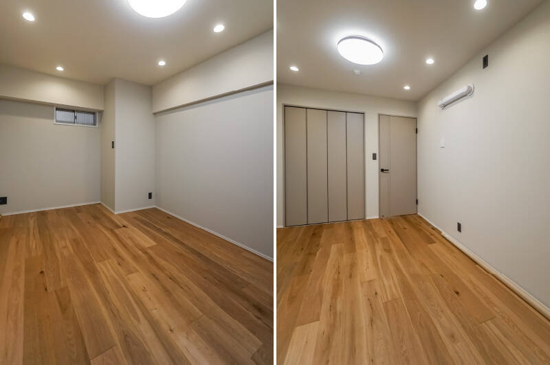 <b>左・</b>洋室Bに入ると、グッと空気が落ち着いたような印象です。開口部は、共用廊下に面した小窓が高い位置にあるのみ。しっかり “守られている” 感のある空間なので、羽を休める寝室にぴったりですよ。／<b>右・</b>収納は、奥行きの深いクローゼットが備わっています。