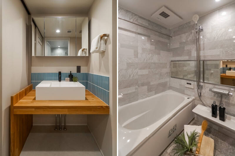 <b>左・</b>細長いタイルとスクエア型の置きボウルが可愛い洗面台に、またニッコリ。収納は鏡の後ろのみなので、ワゴンなどを用意するといいかも。／<b>右・</b>浴室乾燥機完備のバスルームは、ちょっぴり余裕を感じる1316サイズです。