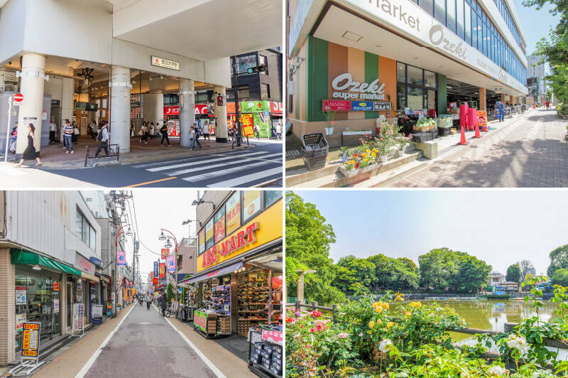 <b>左上・</b>物件の最寄り駅は東急東横線のローカル駅「都立大学」（徒歩10分）。「学芸大学」と「自由が丘」の間です！／<b>右上・</b>日々のお買い物なら目黒通りの向かいにある大型スーパー「オオゼキ 碑文谷店」へ。恵まれた買い物環境が自慢なのです。（徒歩2分）／<b>左下・</b>こちらは、スモール＆グッドなお店が粒揃いな「学芸大学西口商店街」。たまにはお昼からハシゴ酒なんていかがでしょうか。（徒歩13分）／<b>右下・</b>「学芸大学」駅に向かう途中にある「碑文谷公園」。池のまわりをぷらぷら歩いているだけで、ほっと肩の力が抜けていくような……（徒歩6分）