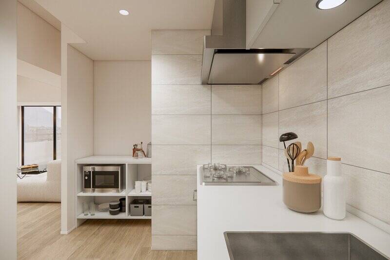 調理家電用の棚が置ける余白も確保。“おこもり感” があると同時に、生活感をうまく隠す工夫が光ります。