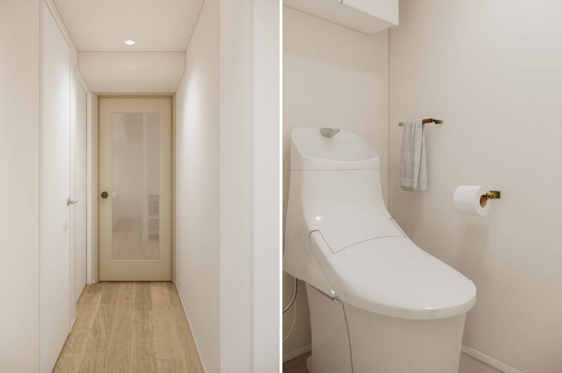 <b>左・</b>LDKの扉を見たカット。／<b>右・</b>トイレには廊下からアクセスする間取りです。タオル掛けとペーパーホルダーはお揃いの真鍮で上品なデザインに。
