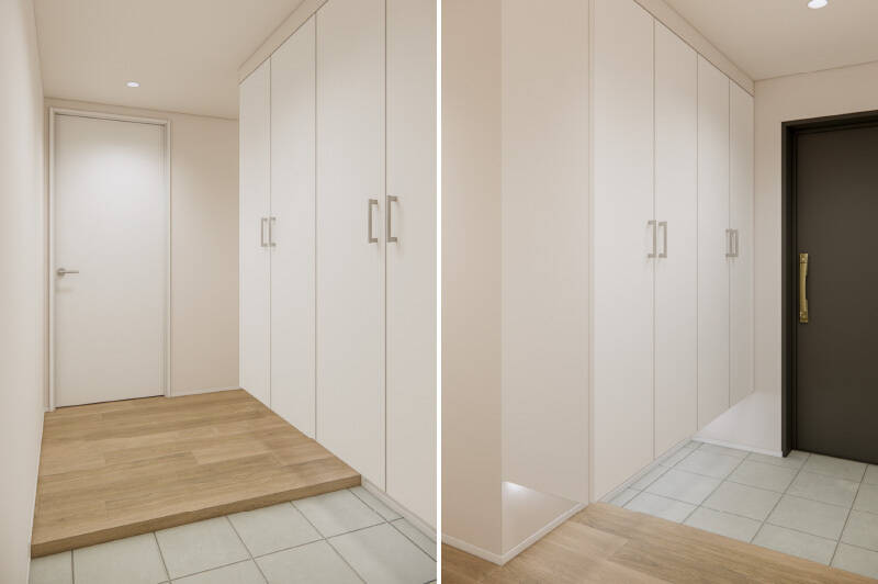 玄関まわりには、トールタイプの大きなシューズボックスを設けます。