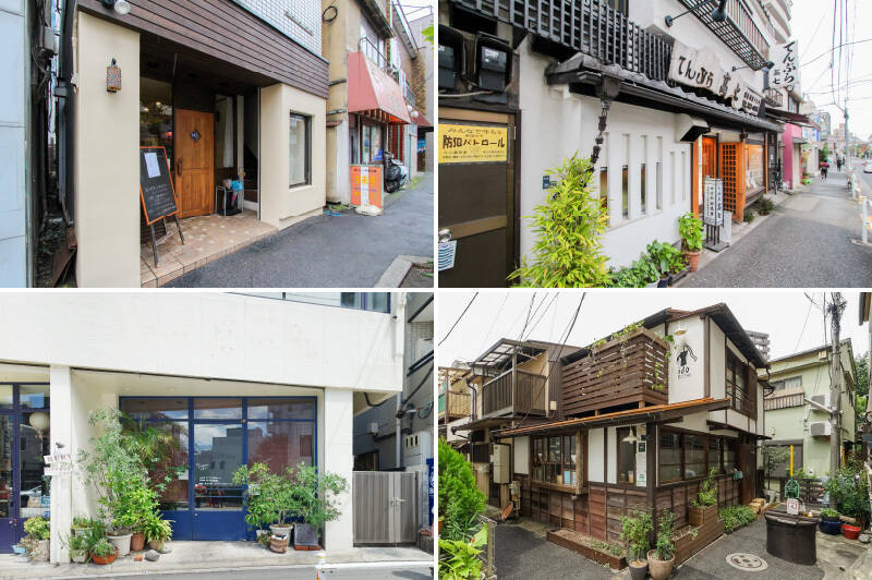 <b>左上・</b>「<b>蕾（ツボミ）</b>」は、健康的なお魚料理をいただける定食屋さん。ランチにぜひ。（徒歩3分）／<b>右上・</b>創業130年以上を誇る老舗の天ぷら屋「<b>高七（たかしち）</b>」。名店でありながら敷居が低く、早稲田の学生さんや教職員も多く訪れるのだとか。（徒歩4分）／<b>左下・</b>「若松河田」駅近くの「<b>CAFE Vogue Ruby（カフェ ボーグ ルビー）</b>」は、海外のような雰囲気で人気のカフェレストラン。（徒歩5分）／<b>右下・</b>「<b>ido bistro（イド ビストロ）</b>」は、閑静な路地裏にひっそりと佇む古民家ビストロ。和の食材を取り入れた創作フレンチを楽しめます。（徒歩8分）