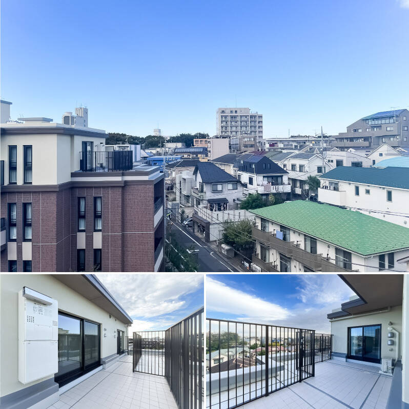 <b>上・</b>正面ビューはこんな感じ。高い建物が少なく、空がスーと奥まで抜けて見えますね。/<b>下・</b>物干し受けが備わっています。