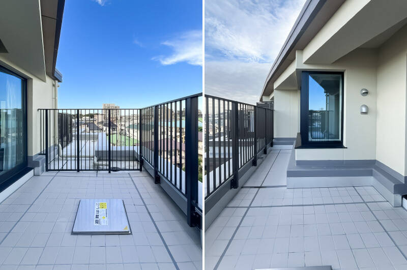 北東側のルーフバルコニーは、①よりもややコンパクトながら、十分なゆとりがあります。突き出した部分は洋室Aの窓です。