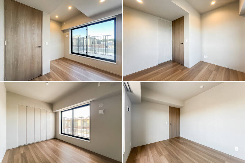 <p><b>上・洋室Bは約5.3帖</b>。北東・北西の二面採光です。/<b>下・洋室Cは約6.3帖</b>。大容量の収納を備えています。</p>