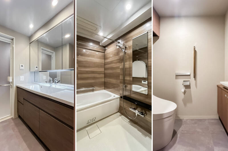 <b>左・</b>住戸の雰囲気に合った洗面台。/<b>中央・</b>1418サイズのユニットバスは浴室乾燥機付きです。/<b>右・</b>手洗い器付きのトイレ。