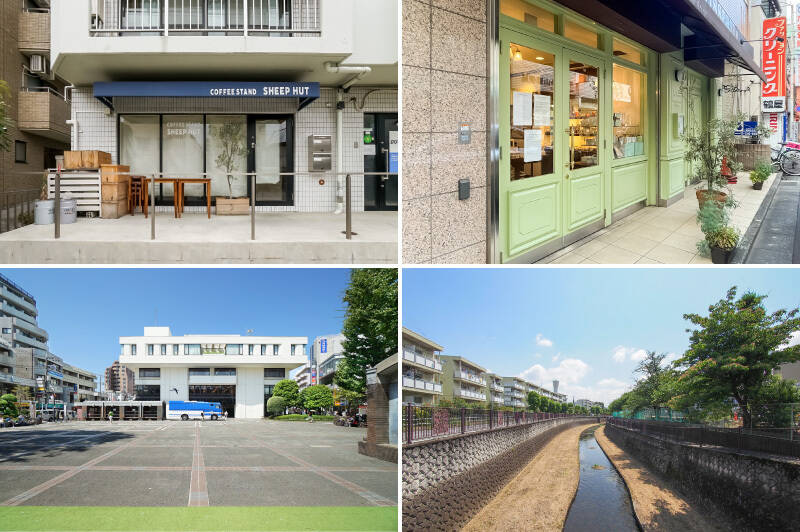 <b>左上・</b>ワンちゃんOKのコーヒースタンド「SHEEP HUT(シープハット)」。オーガニックスイーツも販売しています。(徒歩3分)/<b>右上・</b>「パティスリー ユウ ササゲ」は、フランス菓子を販売するお店。カットケーキやシュークリームなど、こだわりのスイーツが並んでいます。お祝いや手土産に◎(徒歩11分)/<b>左下・</b>「烏山区民センター」。建物の中には図書館や体育室といった施設が入っています。(徒歩12分)/<b>右下・</b>お散歩コースにピッタリな「仙川」沿い。春には桜も楽しめますよ。(徒歩5分)