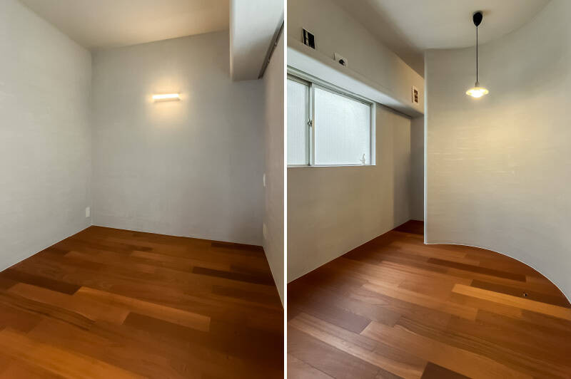 アールの壁によって、なんだか包み込まれているような気分。南側の曇りガラス窓からは柔らかな光が差し込みます。