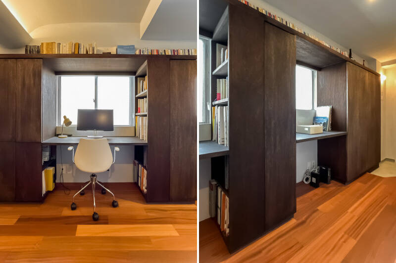 L字の壁面収納の長辺にあるワークスペースふたつは、西向きの窓に面しています。窓を開けながら作業するのが気持ちよさそう。